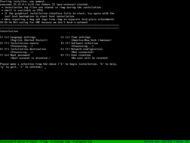 The main menu in during a text-based installation.