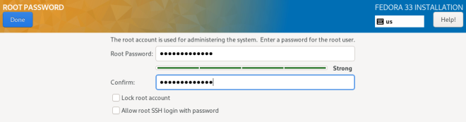 The Root Password screen. Use the text input fields to provide your root password.