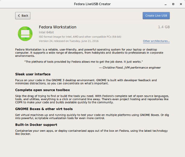 Obrázek obrazovky Fedora Media Writeru s informacemi o distribuci