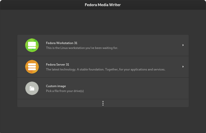 Obrázek hlavní obrazovky Fedora Media Writeru