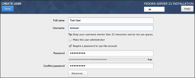 La pantalla Crear. Use los campos de entrada de texto para crear una cuenta de usuario y configurar sus ajustes.