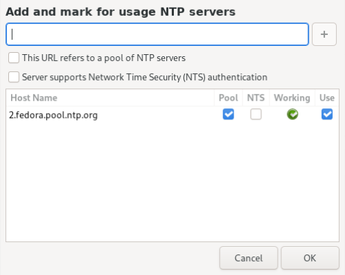 Una ventana de diálogo para permitirle añadir o quitar conjuntos NTP de la configuración de su sistema