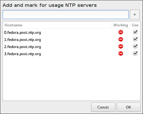 Valintaikkuna, jossa voit lisätä tai poistaa NTP-varantoja järjestelmäkokoonpanostasi