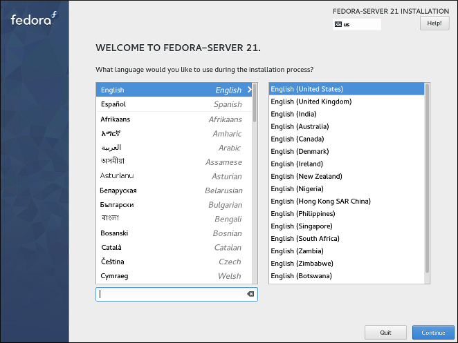 Capture d’écran de l’écran de bienvenue montrant les options de sélection de langue.