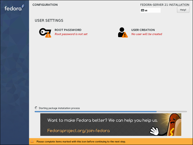 The Configuration screen. Two more screens at the top require configuration. Installation progress is displayed at the bottom.