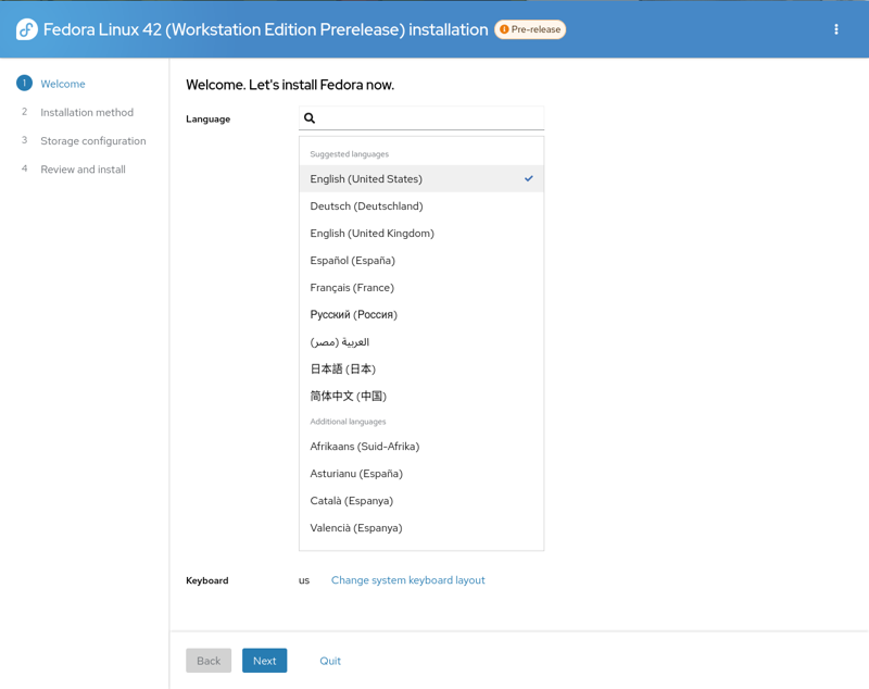 Language selection in the new web UI.