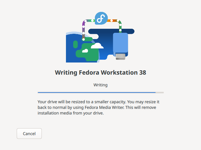 Image of Fedora Media Writer write to device red button