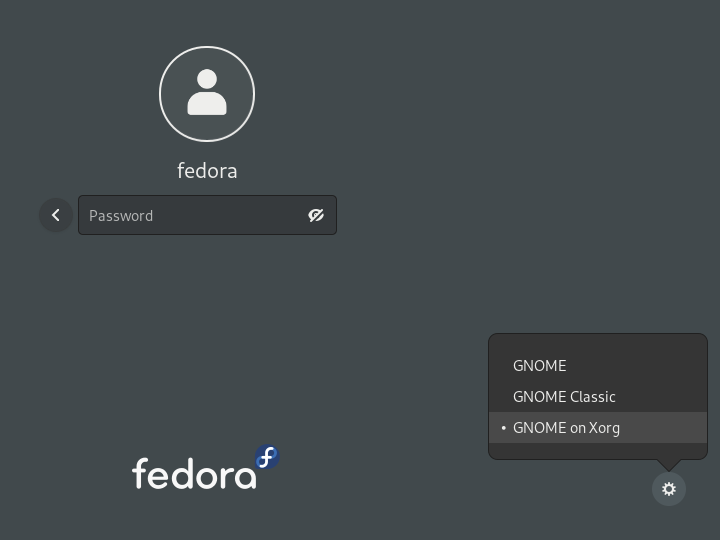 Login screen - select GNOME on Xorg