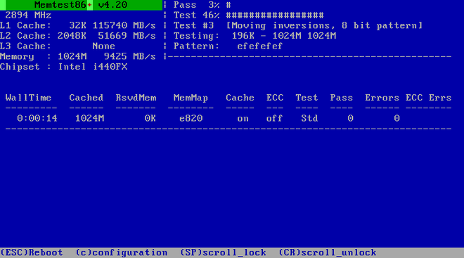 시스템 메모리를 시험하는 Memtest86+