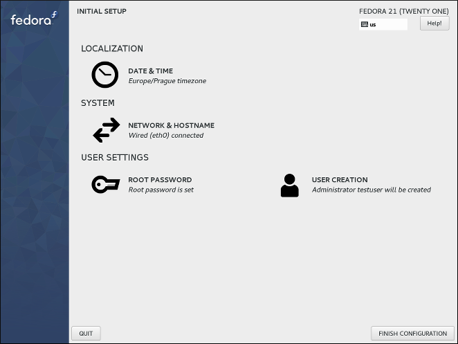The main Initial Setup screen. This example shows all options; not all of them may be shown
