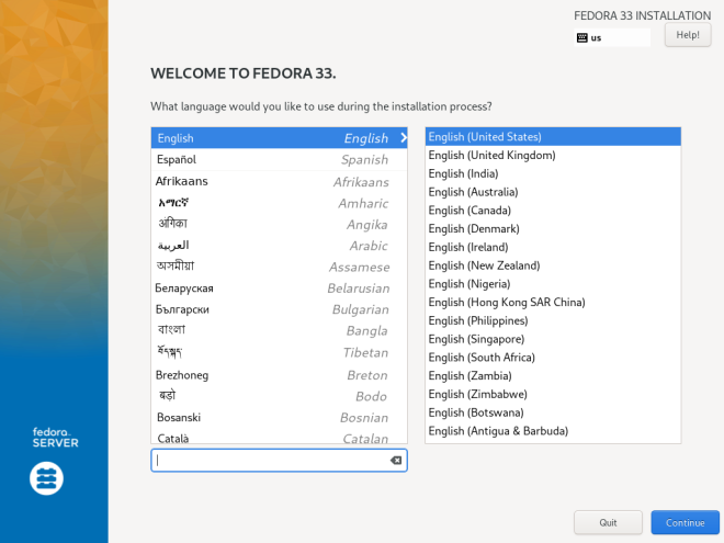 Screenshot of the Welcome screen showing language selection options.