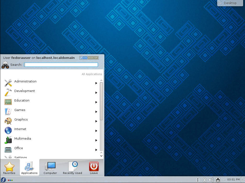 O menu do KDE exibe os aplicativos em categorias. O conteúdo das categorias é exibido quando clicado.