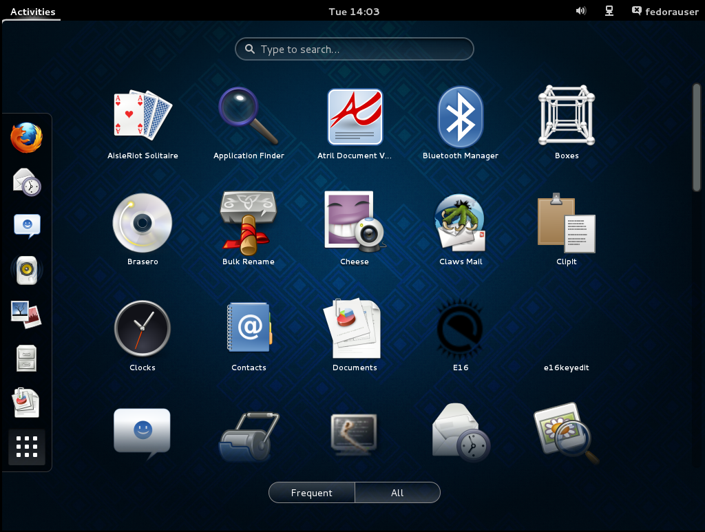O menu do GNOME tem uma barra à esquerda para aplicativos usados com frequência