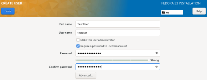 The Create User screen. Use the text input fields to create a user account and configure its settings.
