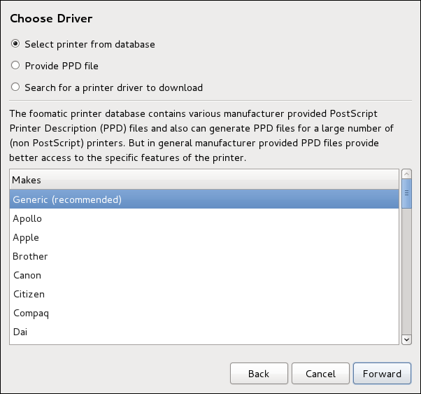 Selecting a printer brand from the printer database brands.