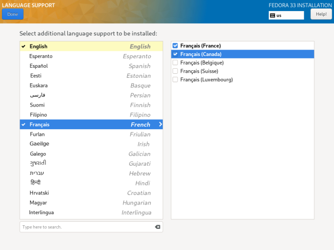 The language configuration screen. The left side shows that at least one variant of English and French have been selected; the right column shows that French (France) and French (Canada) are selected in the currently highlighted French group.