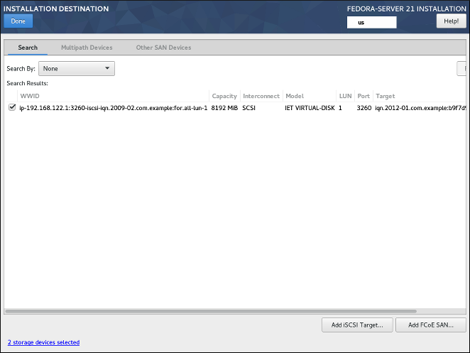 A list of currently configured network storage devices