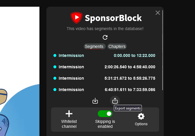Screenshot of Sponsorblock’s sidebar